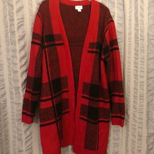 Old Navy red & black plaid long open cardigan XL